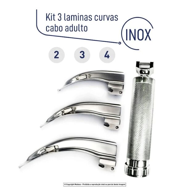 KIT LARINGO 2 LAMINAS RETAS E 3 CURVAS INOX NAO MAGNET BATERIA E ESTOJO